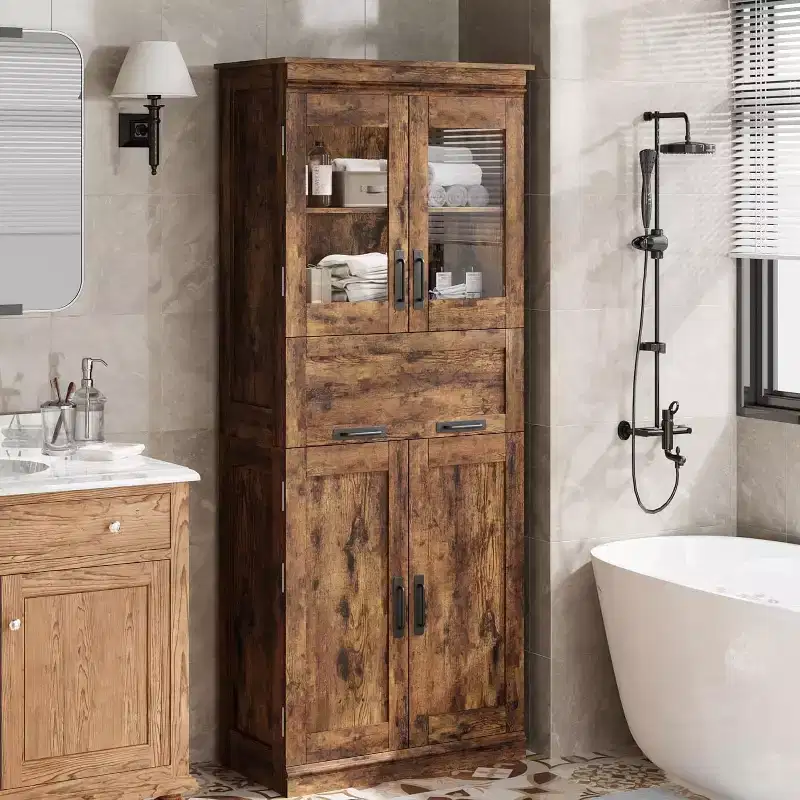 67 H Tall Bathroom Storage Cabinet,4 Doors & Flip Glass Drawer, Freestanding Organizer with Adjustable Shelves for Kitchen, Pantry, Living Room