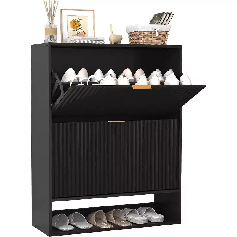 Slim Freestanding Shoe Cabinet for Entryway with 2 Flip Drawers & Open Bottom Shelf, Narrow Fluted Shoe Storage Organizer with Removable Side Hooks