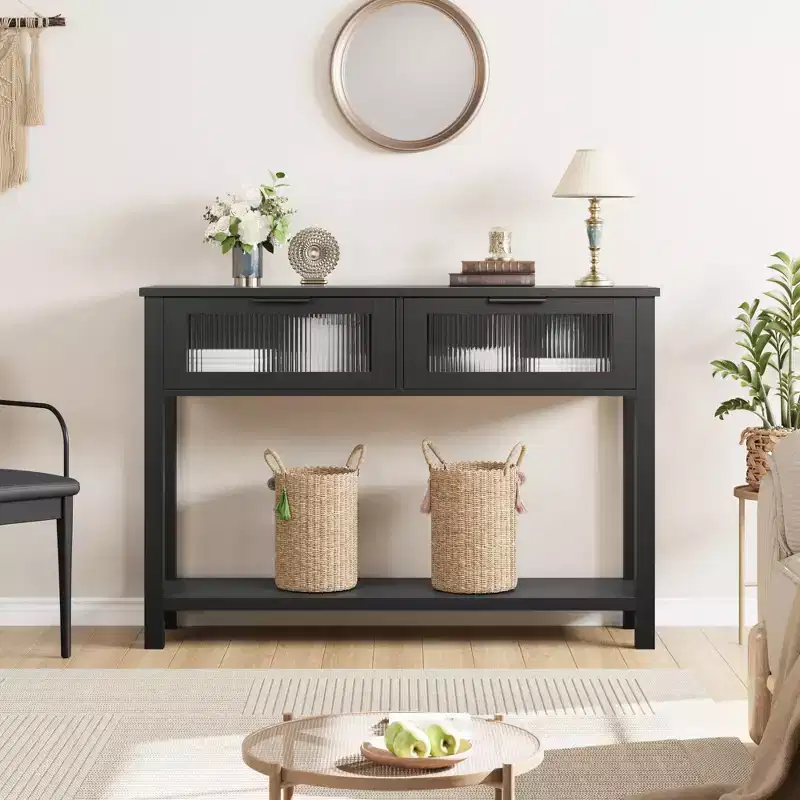 43 Console Table, Double Sofa Table with Storage, Wooden Buffet Table, Hallway Table with 2 Glass Drawers for Entryway, Hallway, Living Room