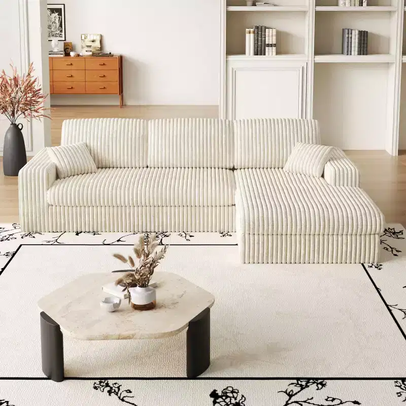 114.5 inch Modern Beige L-Shaped Corduroy Modular Foam Sofa 2-in-1 with Three Cushion Neck Pillows and Two Throw Pillows