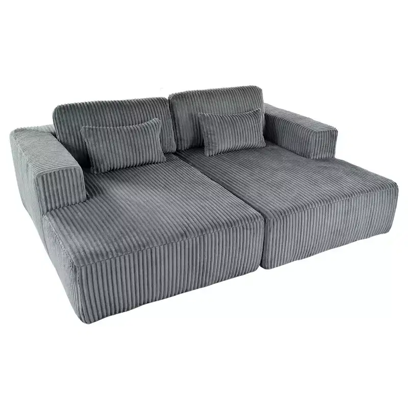 Corduroy Double Sofa Bed with 2 Pillows & Square Armrests