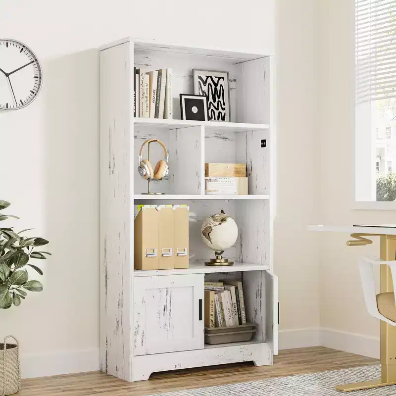 Wooden bookshelf, bookcase with doors, bedroom storage rack, suitable for bedroom, living room, home, office