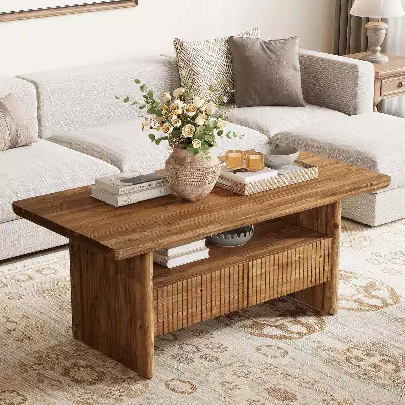 47.24 Solid Wood Coffee Table with 2 Drawers, 2-Tier Rustic Rectangle Center Tea Table with Open Shelf Storage for Living Room