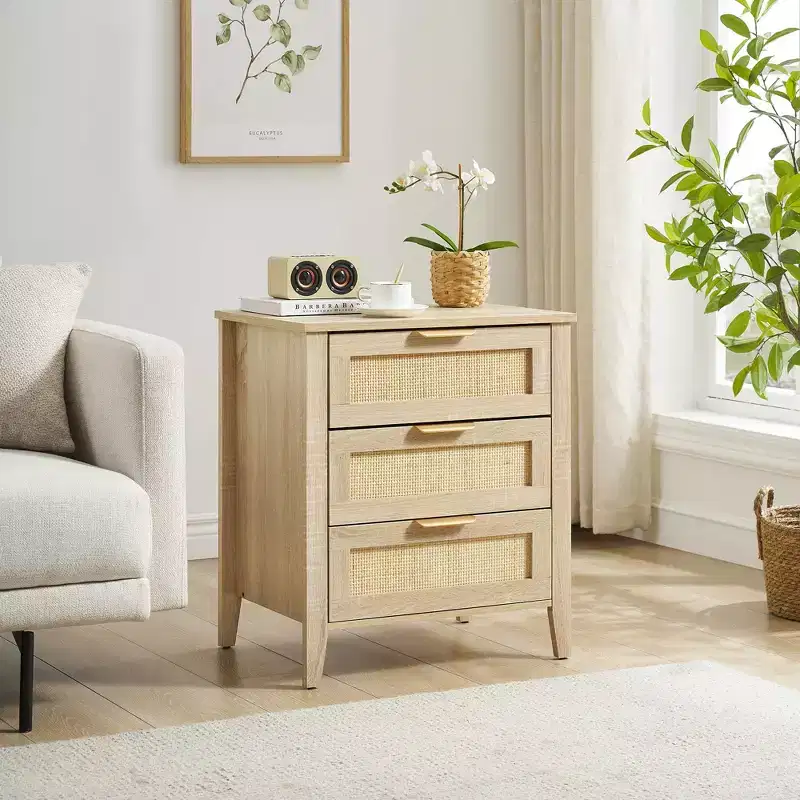 Rattan Nightstand, Nightstand with 3 Natural Rattan Drawers, Bedside Table with Sturdy Wood Legs, Modern Side Table with Storage Drawers