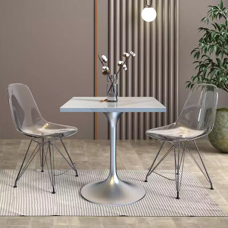 27 Square Dining Table - Modern Resin Top with Brushed Chrome Pedestal Base Accent Side Table for Contemporary Kitchen and Home