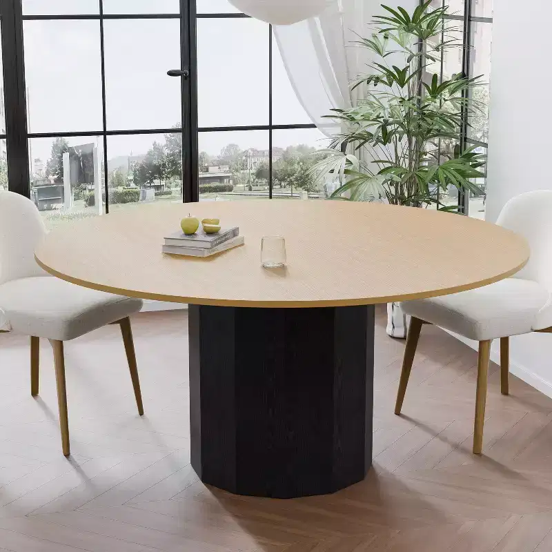 PexFix 60 in.H Solid Wood Round Dining Table Kitchen Table for 6-8 with Tabletop and Cylindrical Base for Living/Dining Room Coffee Office in Natural