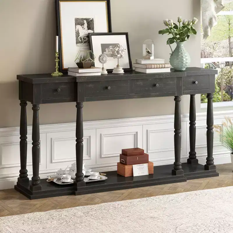 Retro Premium Console Table with 4 Front Storage Drawers and 1 Shelf for Hallway, Living Room - ModernLuxe