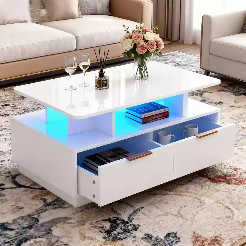 Coffee Table, Modern Rectangular Center Table with Adjustable Color Lights, 4 Drawers & Open Shelf, 35 White Sofa Table for Living Room