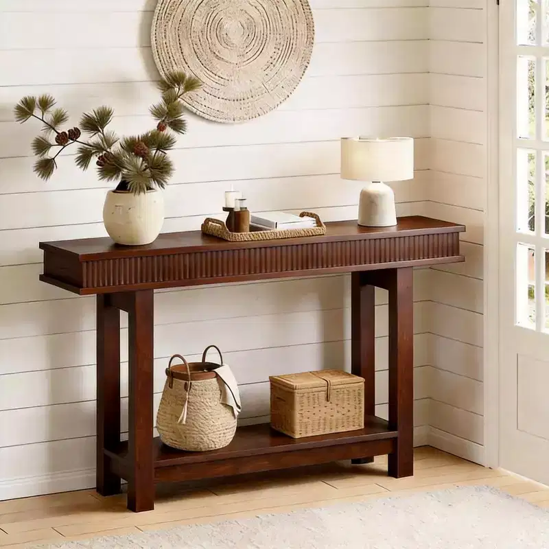 GustoWave Farmhouse Fluted Console Table - 2 Tier Wooden Entryway Table with Shelf Storage, Sofa Table Behind Couch for Entrance, Living Room