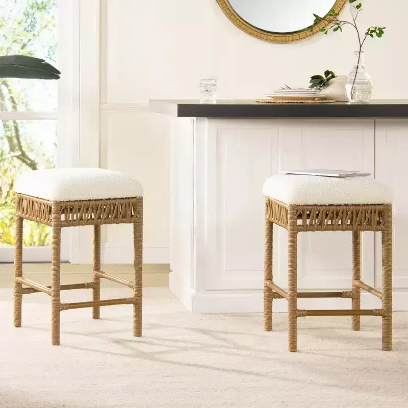 Jennifer Taylor Home Lucia 25.5 Backless Upholstered Counter Stool with Resin Rattan Frame, Ivory White Boucle
