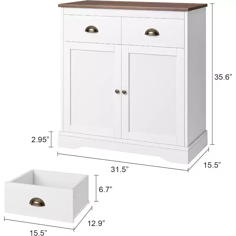 Modern Farmhouse Coffee Bar Cabinet  White Buffet with 2 Doors, 2 Drawers & Adjustable Shelf for Kitchen, Dining, or Living Room
