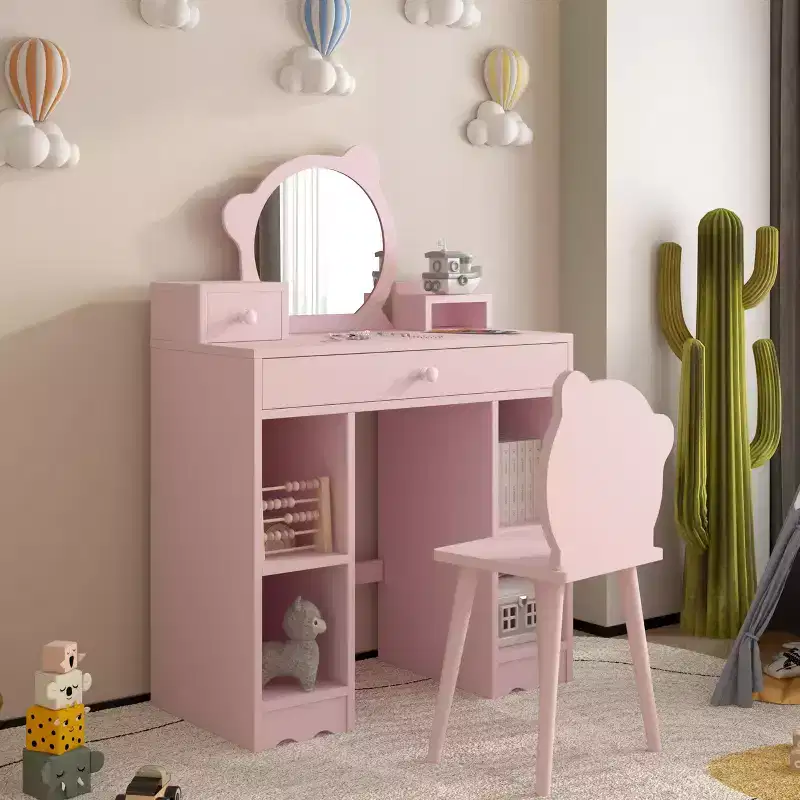 Kids Wooden Play Vanity Set with Vanity Table, Mirror, Storage Drawer & Shelves, and Matching Stool, Pink