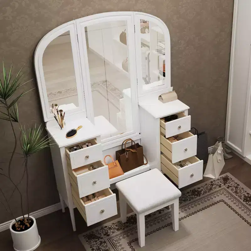 Okak Makeup Vanity with Full Length Mirror, Dressing Table with Stool and 6 Drawers, Makeup Desk for Living Room, Dressing Room, White