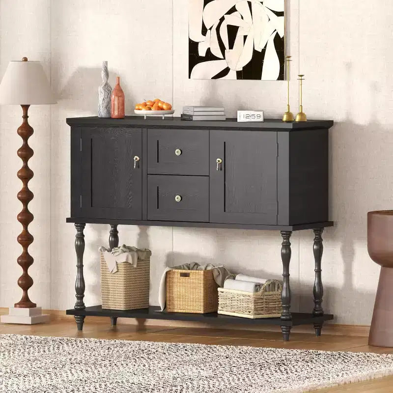 Modern Console Table with 2 Drawers & Open Shelf – Entryway Sofa Table, Walnut & Black