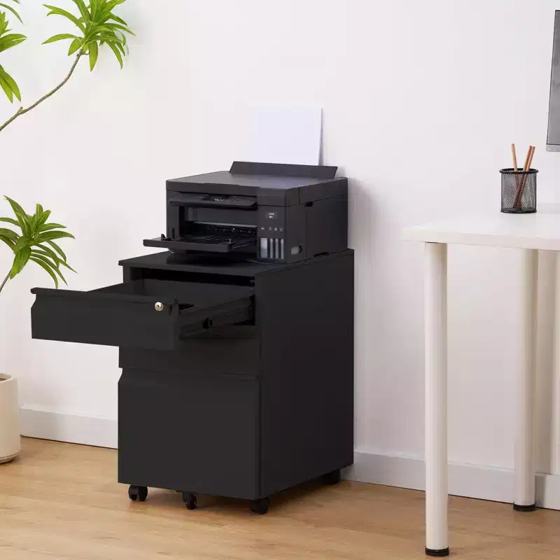 Three-drawer mobile filing cabinet with lock and anti-tip casters, designed for home office use under desks. Metal cabinet for storing letters