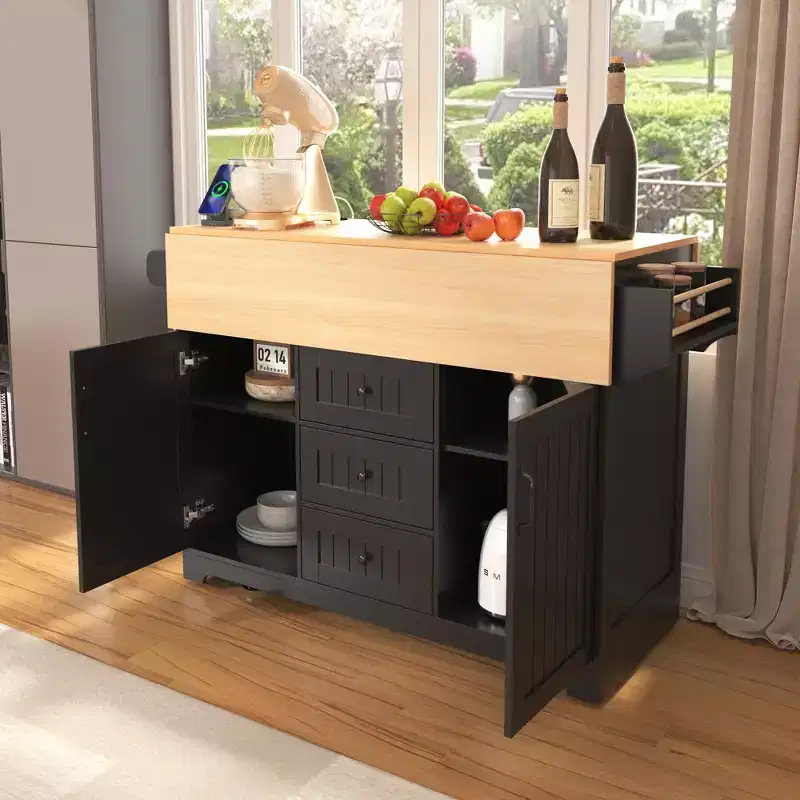 Large Kitchen Island with 2 Drop Leaf, Rolling Kitchen Cart on 5 Wheels Folding Storage Dining Table with Spice & Towel Rack, 3 Drawers