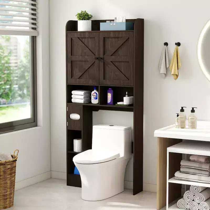 Over The Toilet Storage Cabinet, Farmhouse Bathroom Space-Saving Organizer with Toilet Paper Holder & Adjustable Shelf