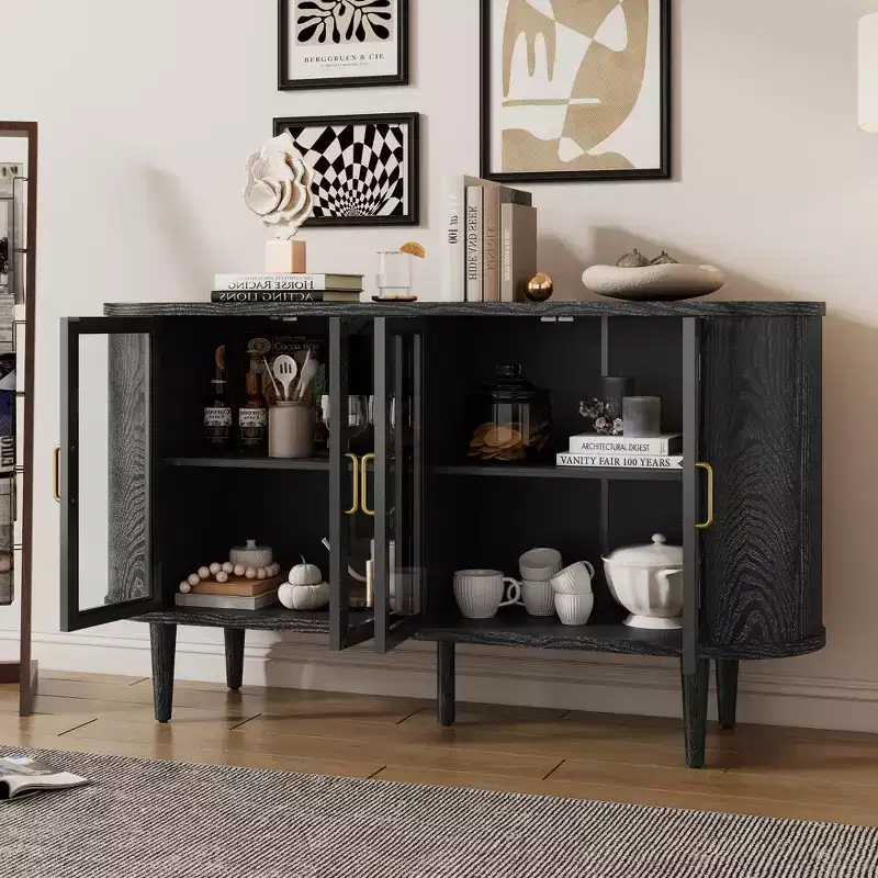 JVNOXK 60-inch Farmhouse-Style Storage Sideboard with Glass Doors and Adjustable Shelves, Wooden Buffet Cabinet for Kitchen, Black