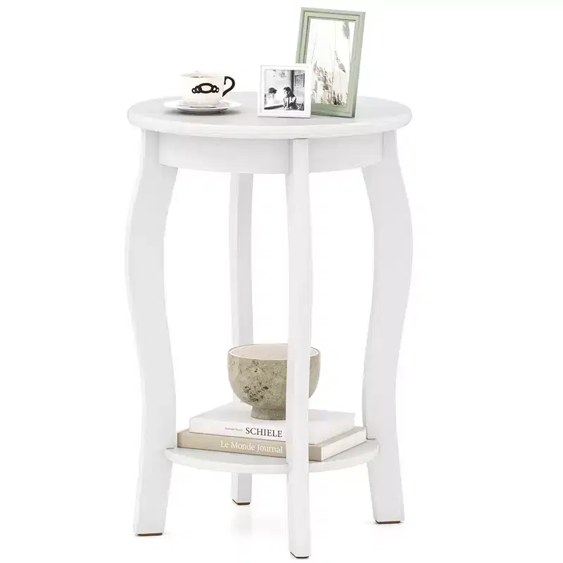 2-Tier Round End Table Narrow Sofa Side Nightstand w/ Storage Shelf & Wood Legs
