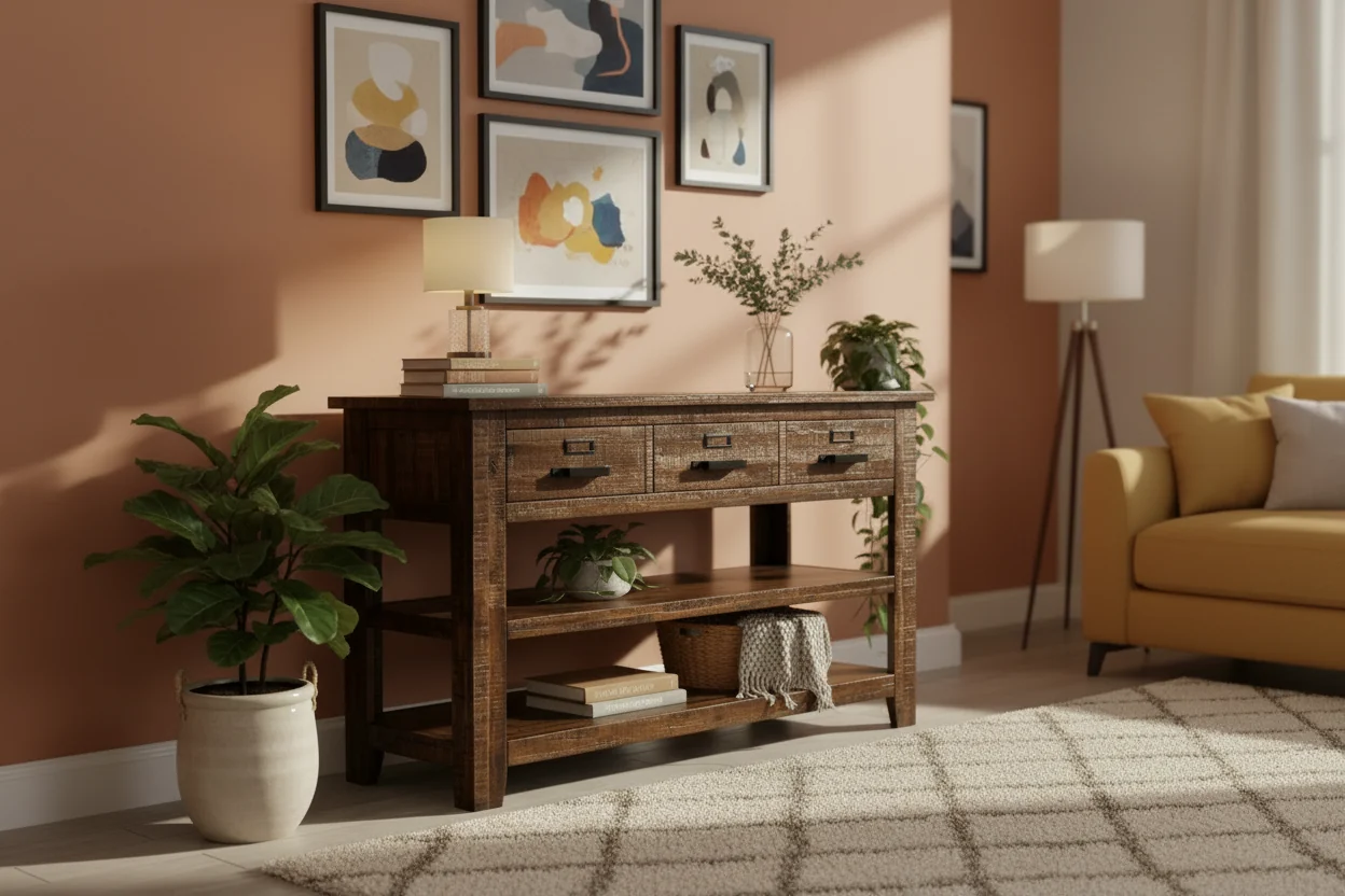 50 Rustic Sofa Table with Storage and Shelf - Brown Wood