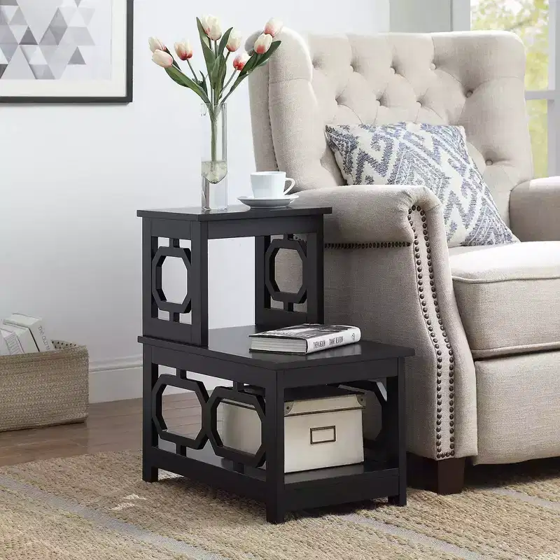 2-Step Chairside End Table with Contemporary L-Shape Design, Three-Tier Storage Shelves for Living Room or Home Office
