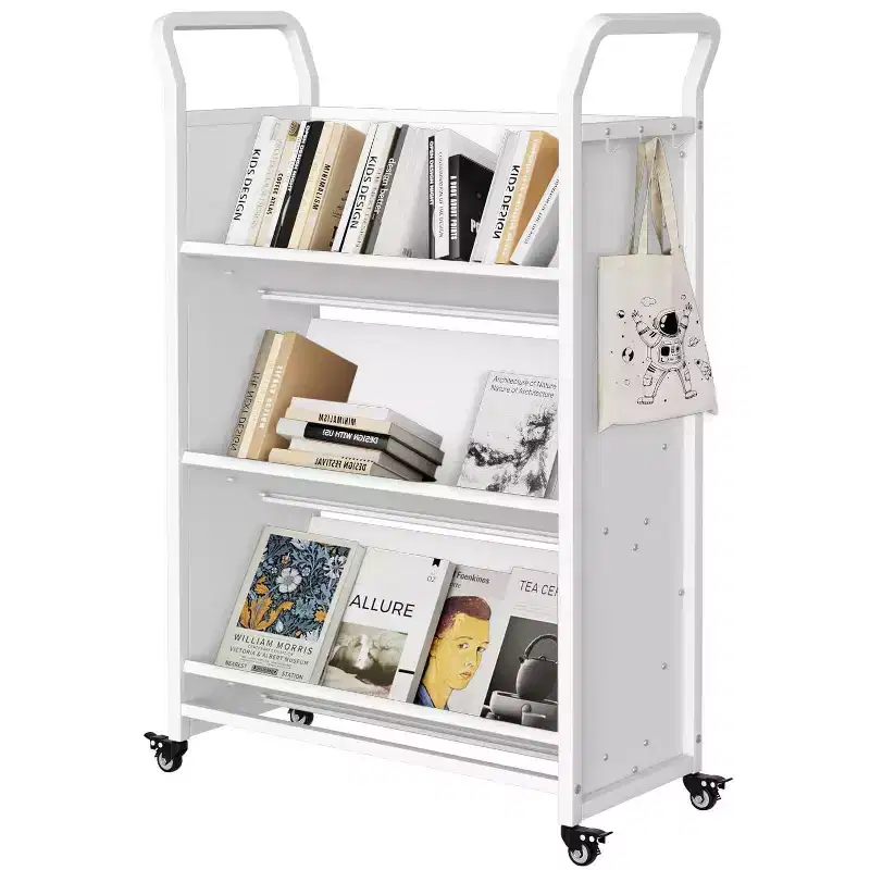 Storage Bookshelf, 3-Tier Metal Rolling Storage Shelving with 4 Lockable Wheels & Side Hooks, White