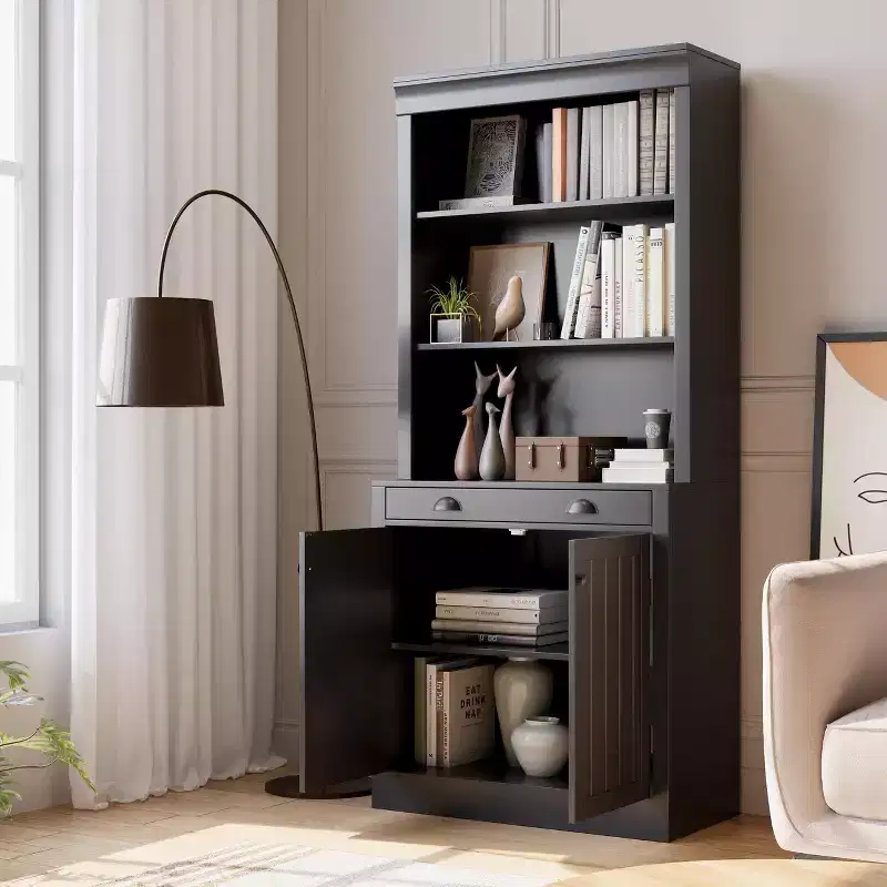 70 5-Tier Bookshelf,with Doors & Drawer, Modern Pantry Sideboard with Adjustable Shelf, Wood Storage Cabinet for Living Room, Home Office,Black
