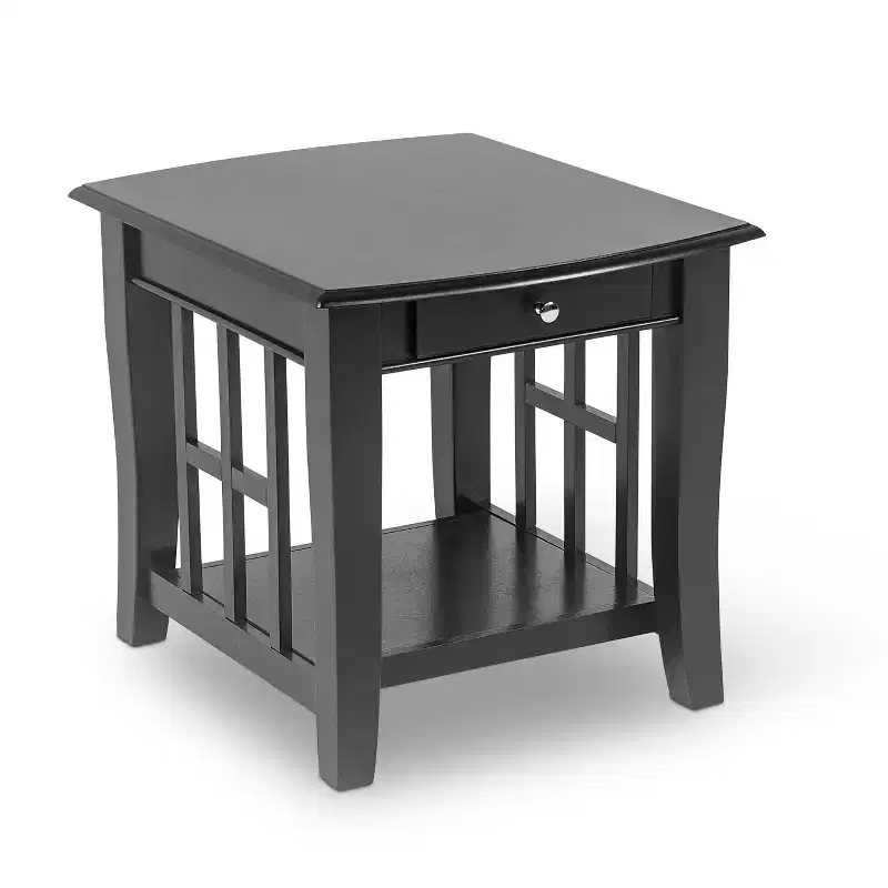 End Table Black: Square Veneer, Fixed Shelf, Drawer, Wood Frame, 23.5" Height