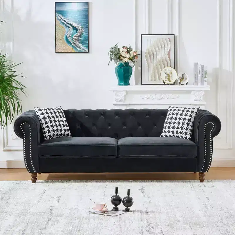 Mid-Century 3-Seater Chesterfield Sofa with Nailhead Trim, Rolled Arms and Wood Frame, Velvet