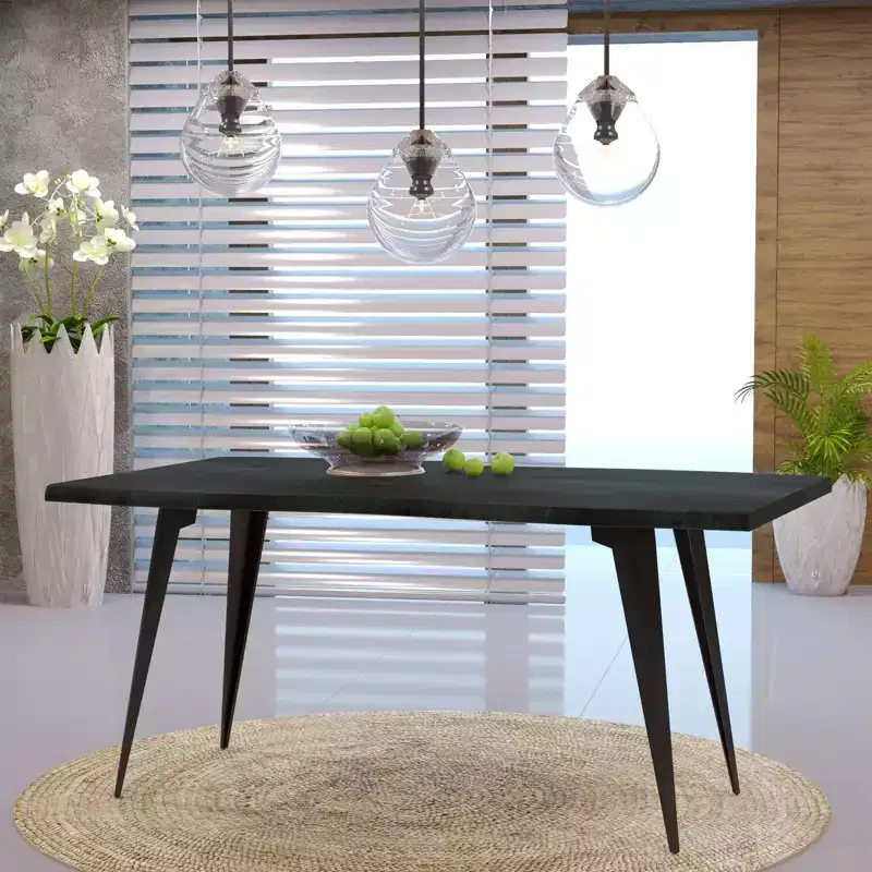 LeisureMod Ravenna 63 Rectangular Modern Dining Table  Wavy Edge Wood Top with Metal Legs for Kitchen, Dining Room & Contemporary Spaces