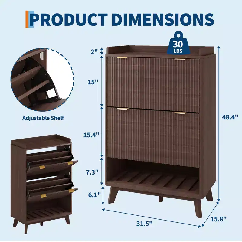 Fluted Shoe Cabinet for Entryway , Modern Narrow Shoe Organizer Storage , Bottom Open Shelf, 2 Flip Drawers, Adjustable Shelves