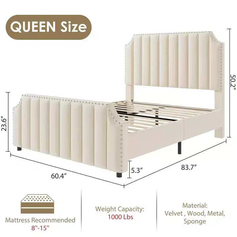 WhizMax Queen/King Size Bed Frame with 50.2 Tall Headboard, Velvet Upholstered Bed Frame Queen with Vertical Channel Tufted Headboard & Footboard