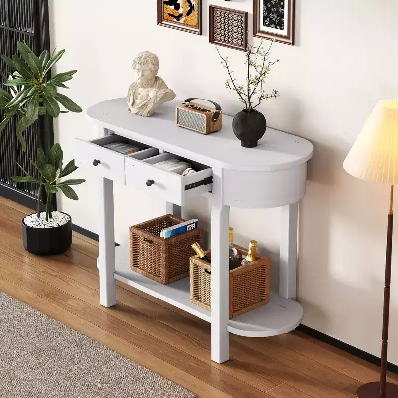 Elegant Retro Console Table with Curved Design and Smooth Glaze for Entryways, Living Rooms and hallways (Antique White)