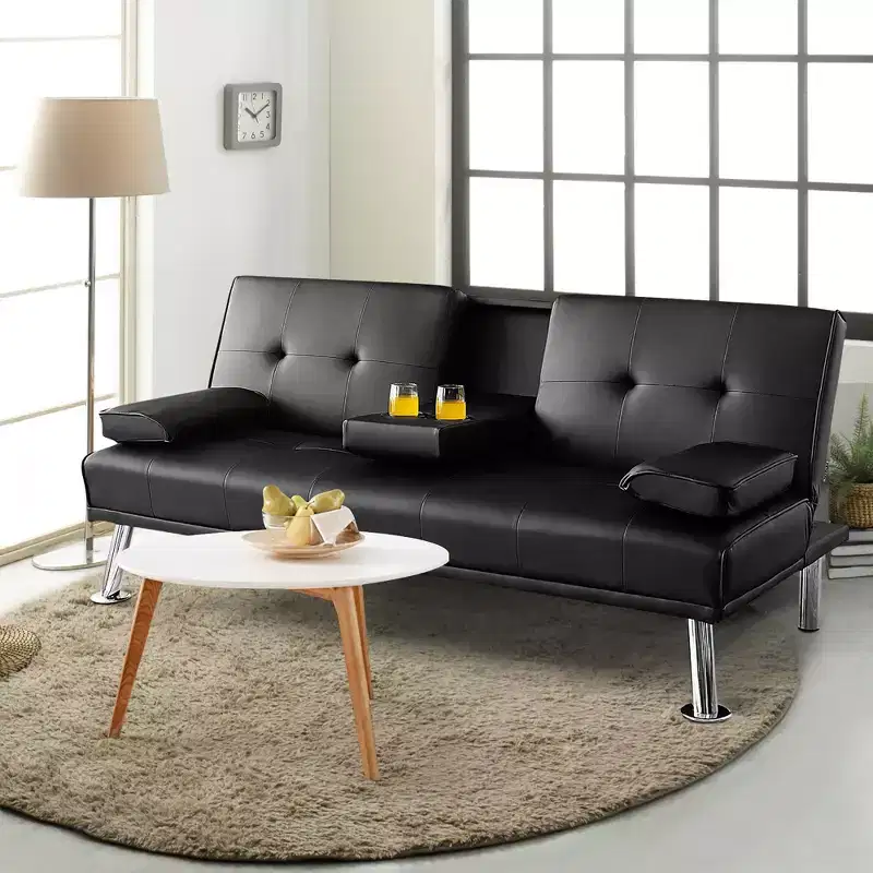 Convertible Folding Futon Sofa Bed Leather w/Cup Holders & Armrests