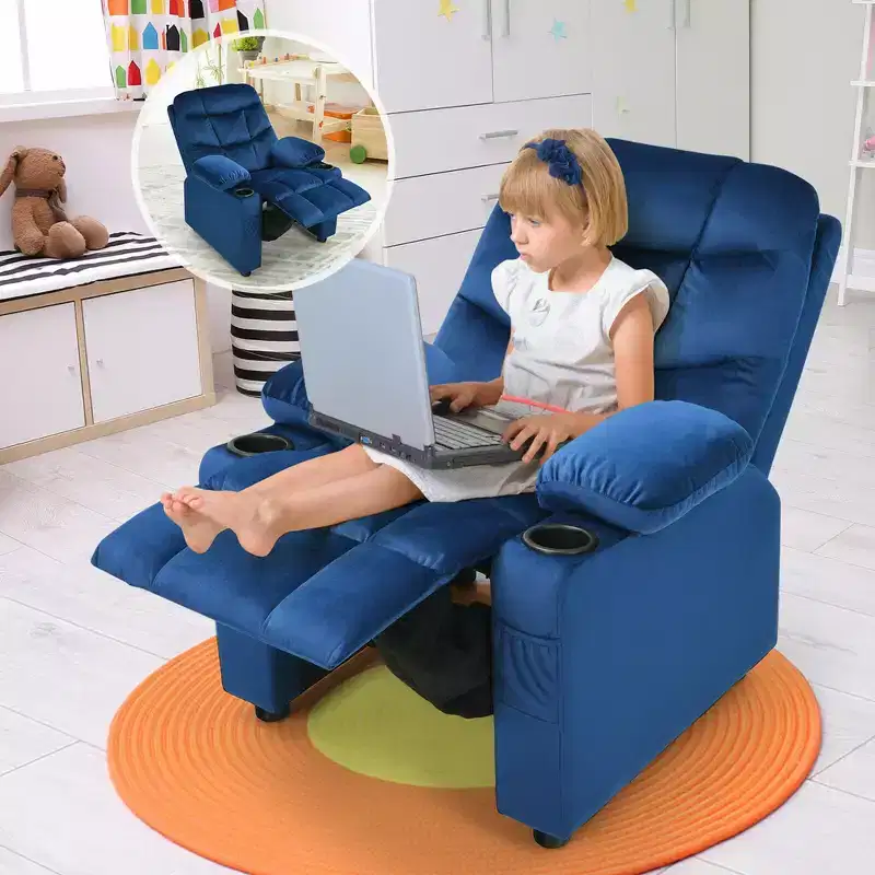 Costway Kids Youth Recliner Chair Velvet Fabric w/Cup Holder & Side Pocket Blue/Pink