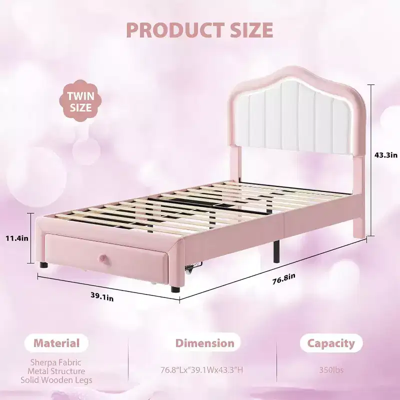 Upholstered Bed Frame with Storage Drawer and Smart LED Headboard, Twin Size Platform Bed Frame for Kids, Wooden Slats Support, No Box Spring Needed