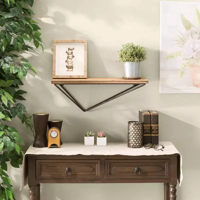 Wall Mount Floating Shelf with Diamond Shaped Iron Bracket Brown -  Modern Pine Wood, Metal Frame