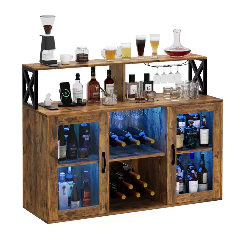 DobleePy Kitchen Bar Cabinet, Sideboard Freestanding Liquor Cabinet Bar, with Storage Cabinet, Wine Rack and Glass Holder