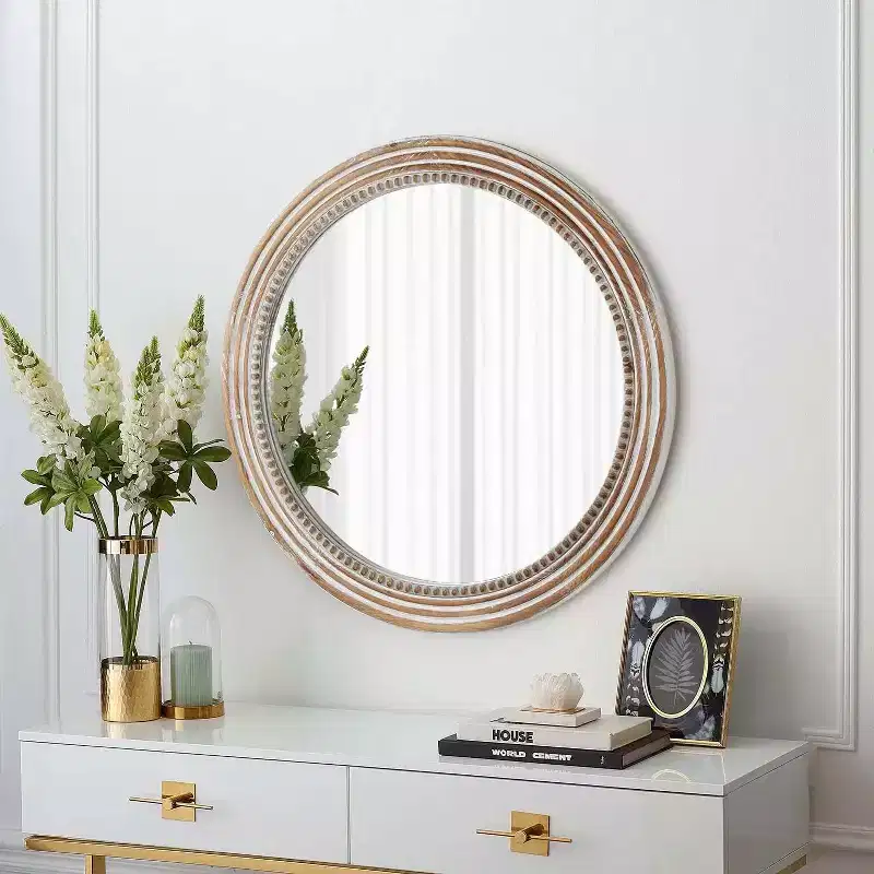 24 Round Wood Decorative Mirrors for Wall Decor, Rustic Circle Mirror with Beads for Bedroom Living Room Office