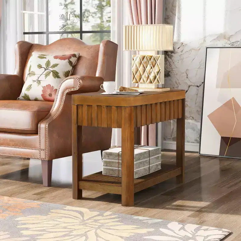 25 Farmhouse 2-Tier Rectangular End Table with Open Storage Shelf, Solid Wood Legs, Side Table for Living Room, Bedroom, or Office-Panipeachy