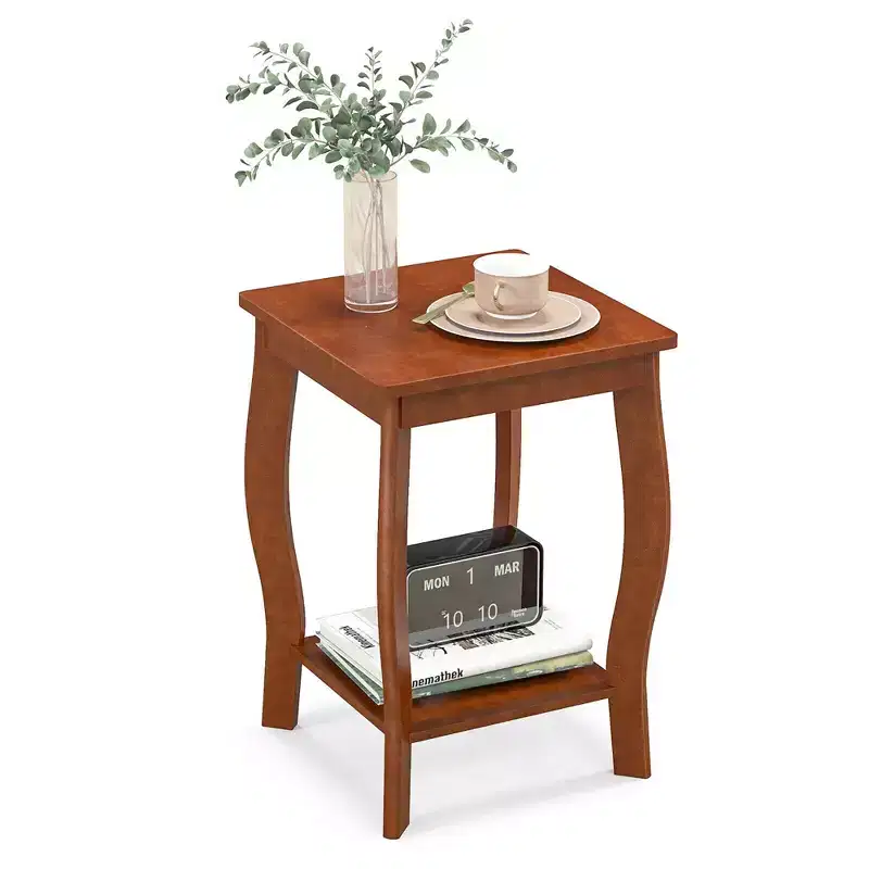 2-Tier Square End Table Narrow Sofa Side Nightstand w/ Storage Shelf & Wood Legs