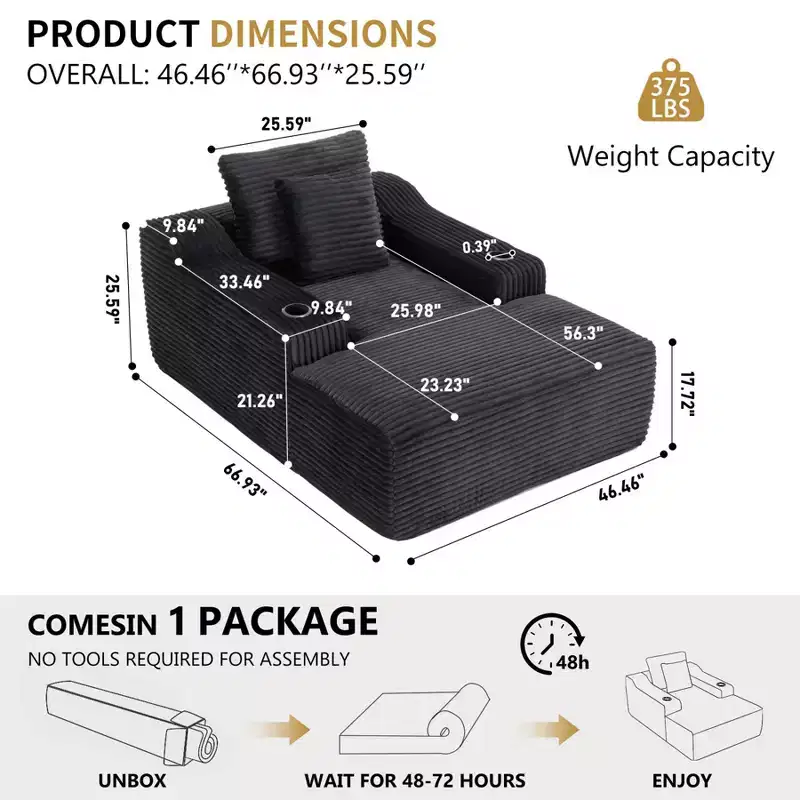 67'' Chaise Lounge Chair, Indoor Sleeper Sofa Bed with 2 Pillows, Boneless Single Sofa Couch for Living Room, No Assembly Required