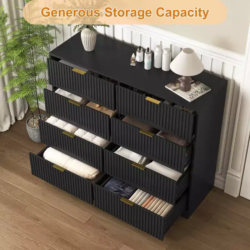 Modern 8-Drawer Dresser Cabinet, Wide Storage Organizer with Wavy Carved Fronts and Gold MetalHandles for Bedroom or Entryway - Panipeachy