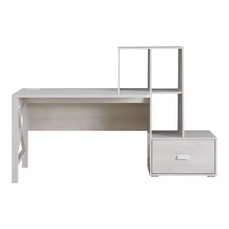 Multi Storage Desk in White Oak, Transitional Style with USB Charging & Open Shelves
