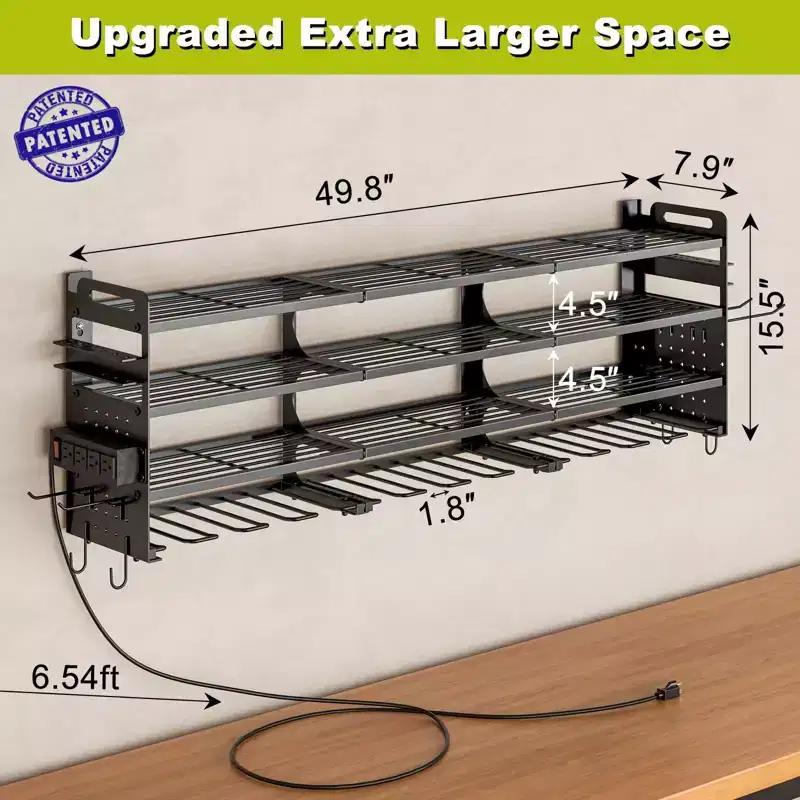 4-Tier Power Tool Organizer with Pegboard, 12-Slot Drill Rack and Power Strip, Black