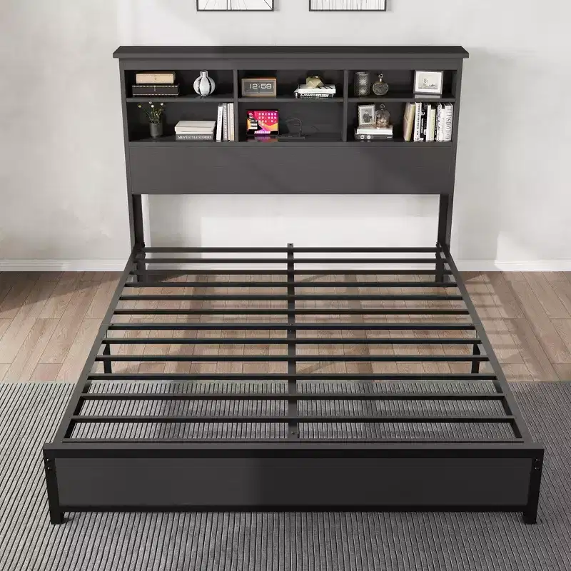 Metal Platform Bed Frame with Bookcase Headboard, USB & Charging Station, Underbed Storage, No Box Spring Needed