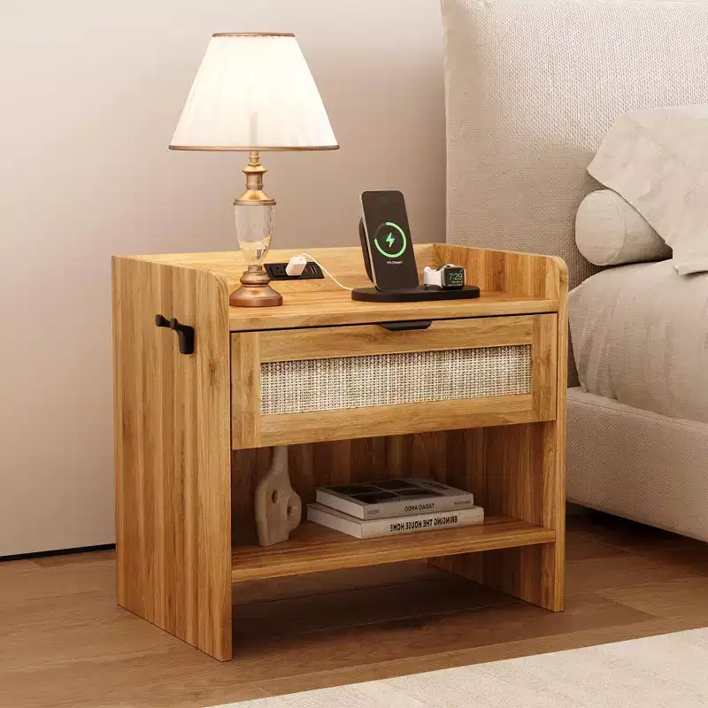 Rattan Nightstand with Drawer, Modern End Table with Open Shlef, Sofa Side Table for Small Spaces, Accent Bedside Table for Living Room Bedroom