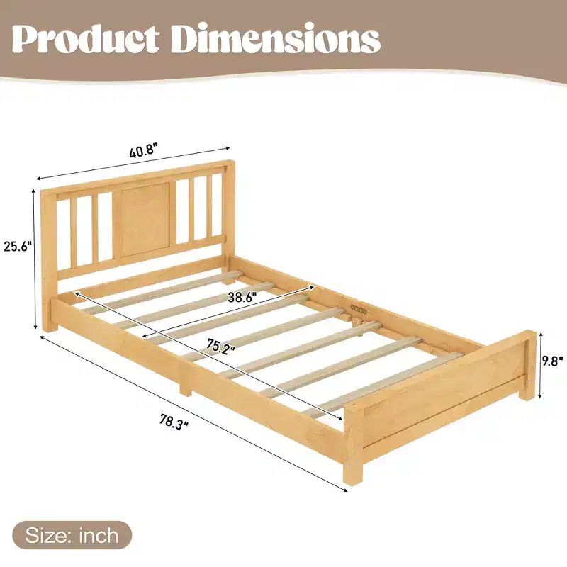 Twin Platform Bed with Headboard, Solid Wood Low Profile Platform Bed Frame with Support Slats for Bedroom