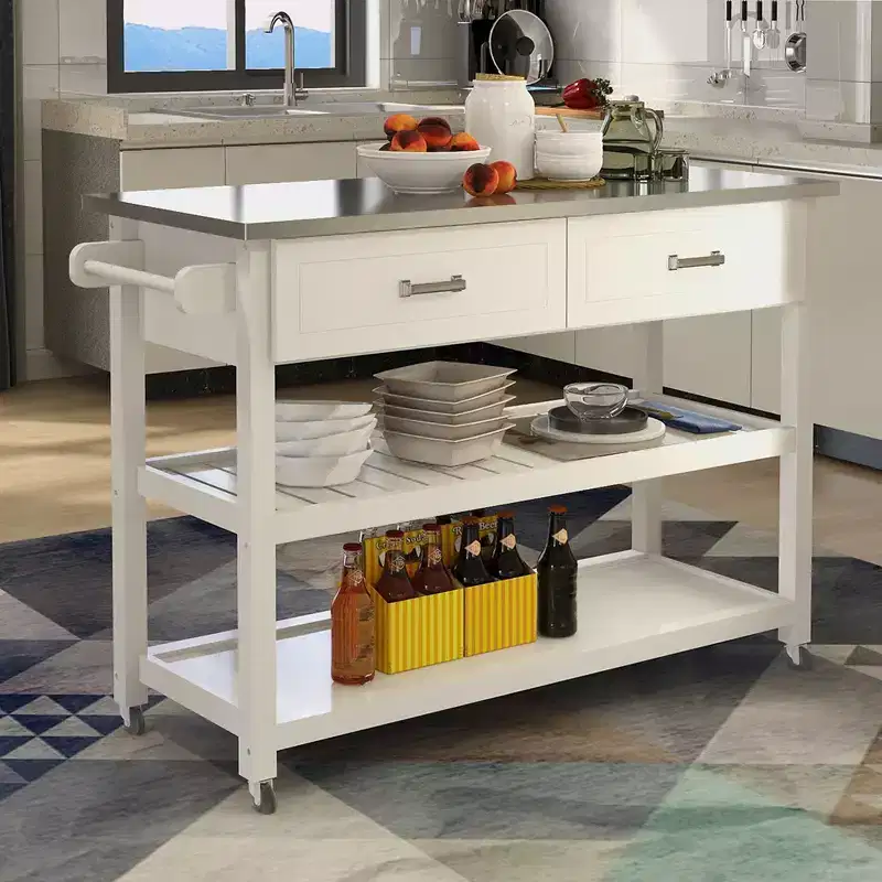 AndMakers White Wood 47.24 in. Kitchen Island with Stainless Steel Top and Wheels