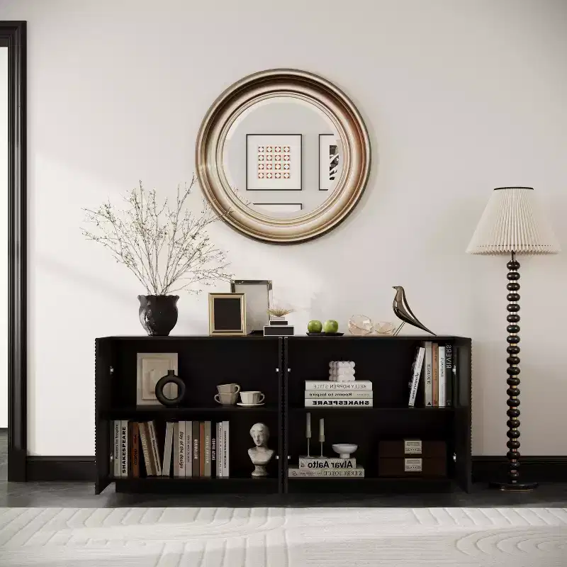 60 Mid Century Modern Sideboard Buffet Cabinet with Storage, Adjustable Shelves, Geometric Pattern, TV Media Console for Living Room